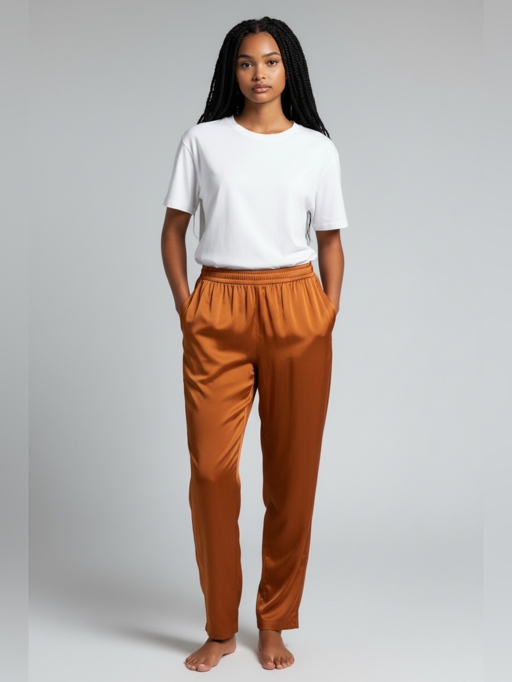 Satin Elastic-Waist Joggers in Rust Brown